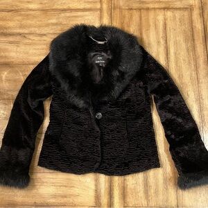 Dennis Basso Black variegated Chenille Coat Faux Fur XS Mob wife Luxury Runway